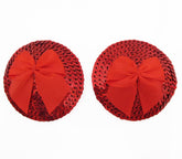 Love In Leather Round Sequin Nipple Pasties With Bow - Red - Breast and Nipple Toys